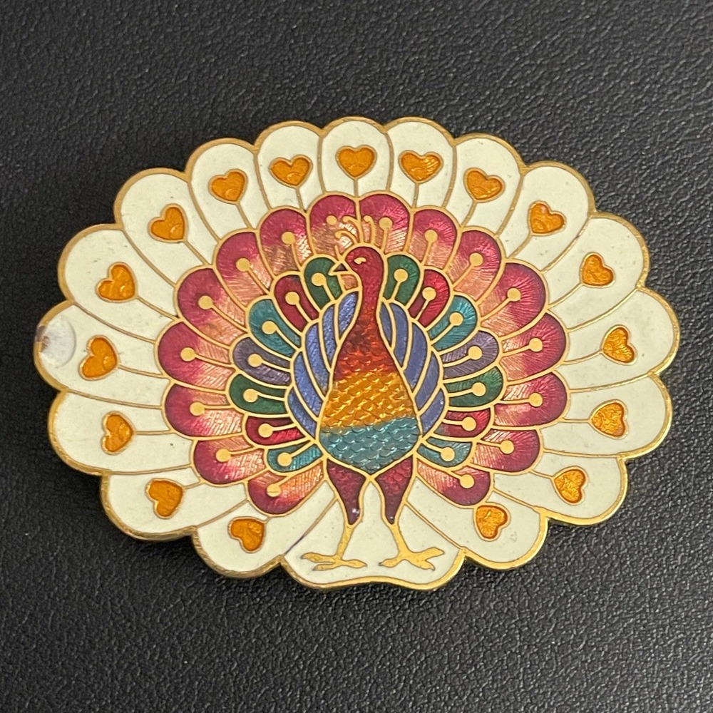 Vintage Cloisonne Peacock Buckle Enamel Gold Tone Heart
